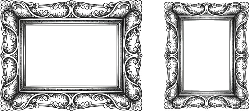 Ornate picture frames, silver filigree frames, empty decorative borders, vector illustrations