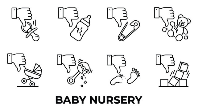 Negative baby nursery icons with thumbs down showing damaged baby items and dislike.