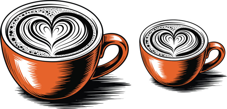 Vector coffee cups, latte art, heart design, orange mugs, breakfast icons