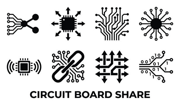 Set of eight circuit board share icons black solid style.