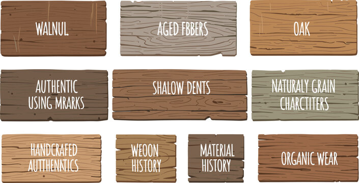 Rustic wood texture planks vector set featuring walnut oak and aged timber signs for interior design layout and commercial branding signage