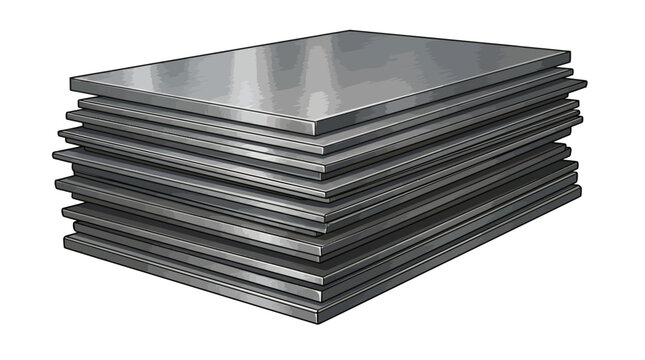 Stack of metal sheets with a reflective surface on a white background, showcasing a neat pile of flat steel plates.