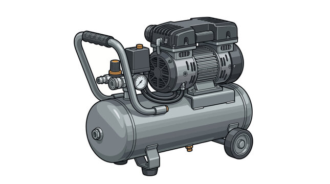 Gray portable air compressor with black motor and handle on wheels against a white background.