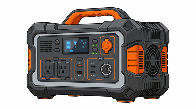 A portable power station with an orange and black design featuring various outlets and a digital display on a plain white background.
