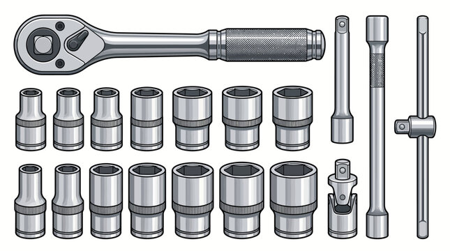 A set of socket wrenches and sockets arranged in rows on a white background with a metallic sheen.