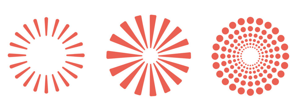 Dynamic red circular patterns, radial sunburst designs with dot effects, abstract background vector illustration.