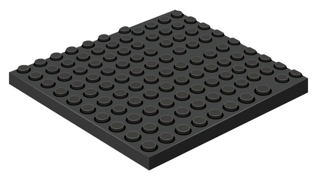 High-angle view of a black plastic building baseplate with studs on a white background.