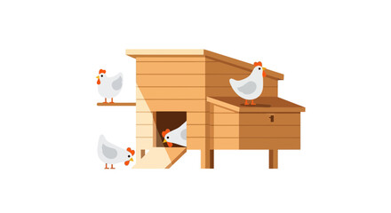 Farmhouse coop with chickens, rural life, rustic wooden hen house, farm animals © potet