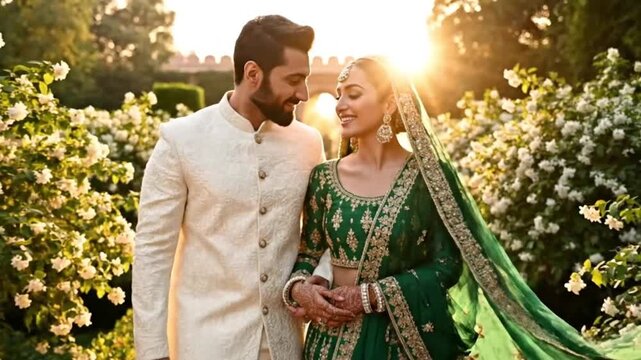 Indian couple in traditional attire standing together in a garden with white flowers at sunset