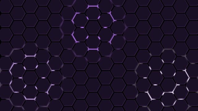 Dark hexagonal honeycomb pattern background animation, Hexagonal honeycomb pattern with three highlighted clusters and subtle glossy reflections
