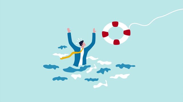 Financial Rescue Concept | Lifebuoy Tire Helping Struggling Person Flat Animation 4K