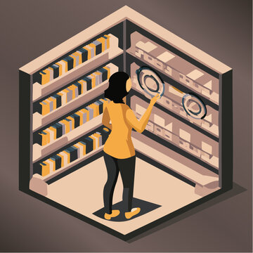 Woman browsing shelves in a store or library isometric view.