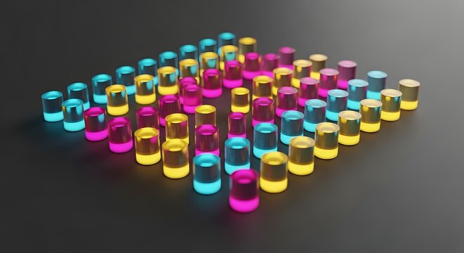 Grid of glowing cylindrical objects in pink yellow and blue arranged in a square pattern.