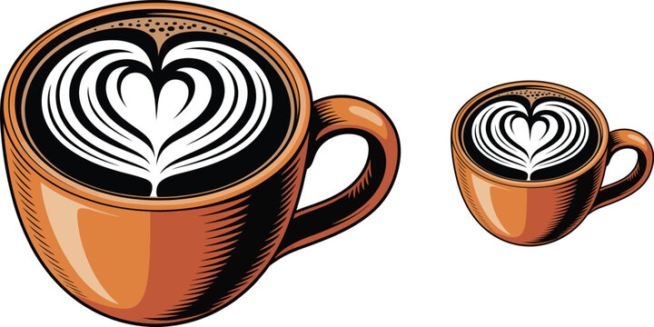 Vector coffee cups, latte art, brown ceramic mugs, heart design, beverage icons
