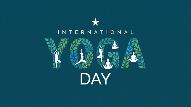 Celebration graphic design for International Yoga Day featuring stylized letters with yoga poses and leaf patterns