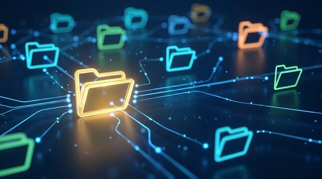 Digital data organization and network connectivity concept with glowing folder icons and glowing blue network lines