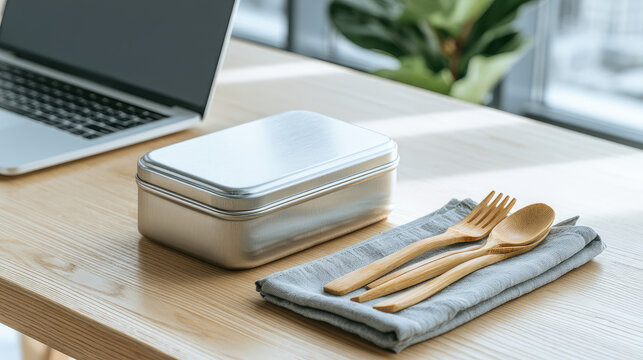 Metal lunch box on office desk with wooden cutlery on napkin. Healthy meal preparation for work. Sustainable eco friendly food container for office lunch break and nutrition routine.
