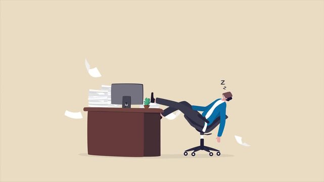 Tired Office Worker Sleeping at Desk | Workplace Burnout Flat Animation 4K