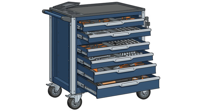 A blue metal tool chest with multiple drawers on wheels, featuring orange accents and a black top against a plain white background.