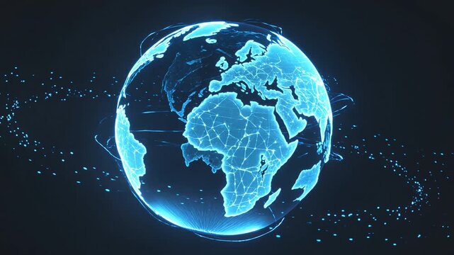 Glowing digital globe wrapped in neural connectivity lines and orbiting data particles. Experience global artificial intelligence and a connected technology future in this luminous concept.
