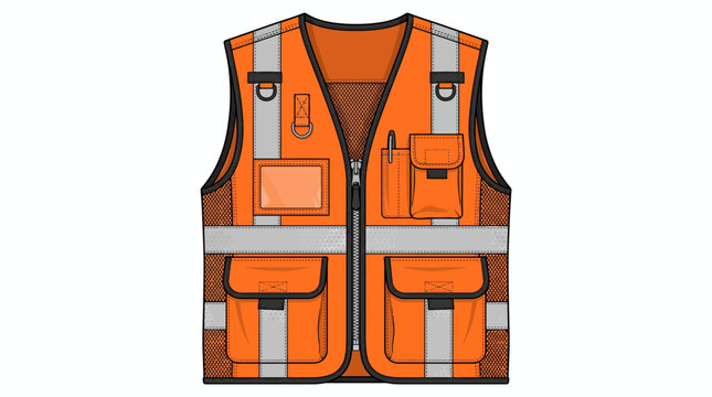 High-visibility orange safety vest with reflective strips and multiple pockets on a plain white background.