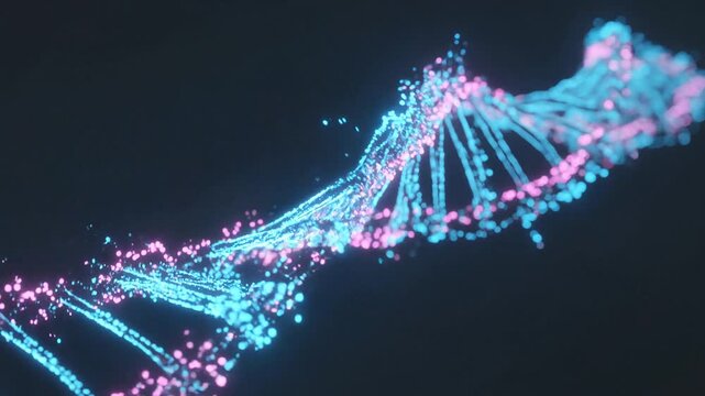 Glowing digital DNA helix built from luminous data particles and neural light. Experience biotechnology and artificial intelligence innovation in this futuristic science concept.