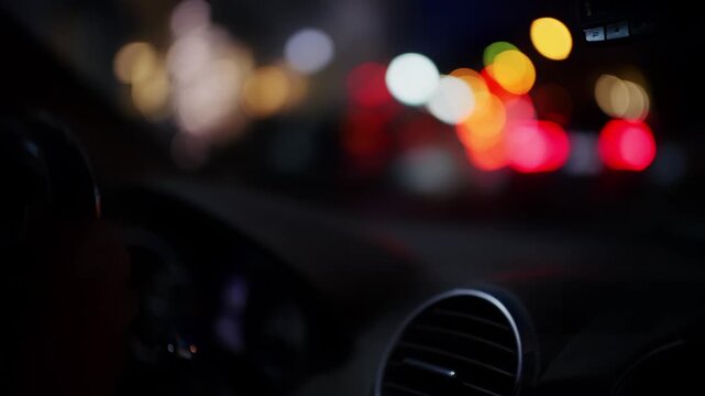 Close up of driver hands holding steering wheel inside car during night city traffic.