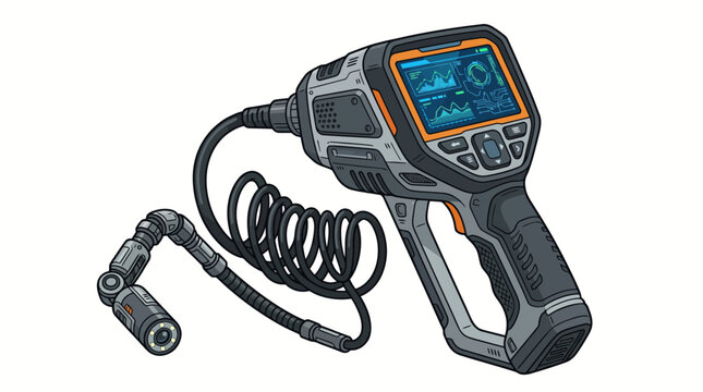 Digital infrared thermometer gun with a coiled cord and connector on a plain white background.