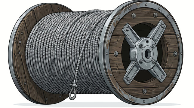 A large spool of metal wire rope with a wooden base and metal hardware on a white background