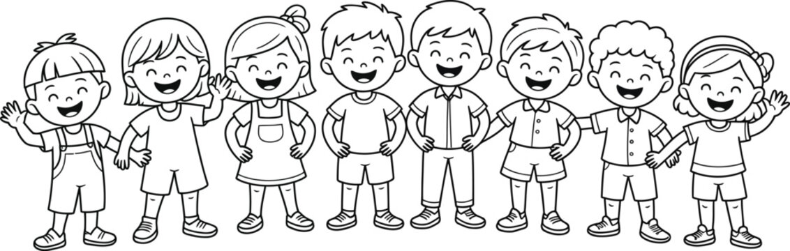 Cartoon children, kids illustration set, black and white, line art, educational, kids activities