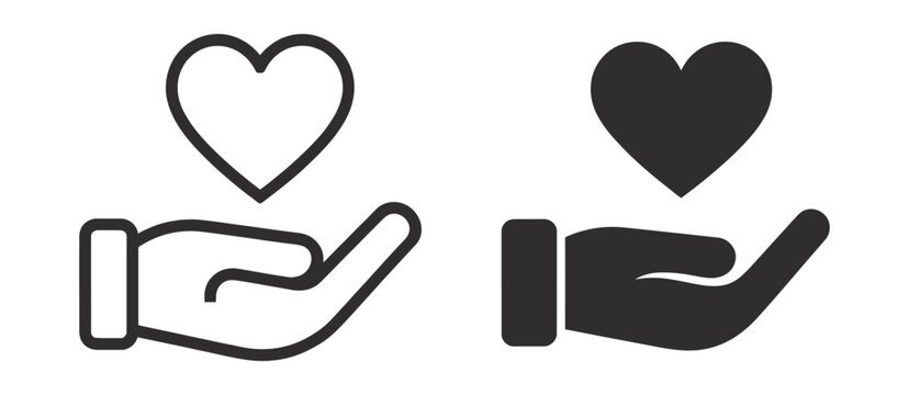 Hand holding heart icon set, outline and solid style, care and support symbol vector illustration, transparent background design.