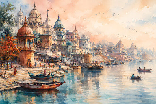 Beautiful watercolor painting of sacred varanasi river ghat with traditional boats during the auspicious celebration of ganga dussehra and ganga puja festival in ancient india