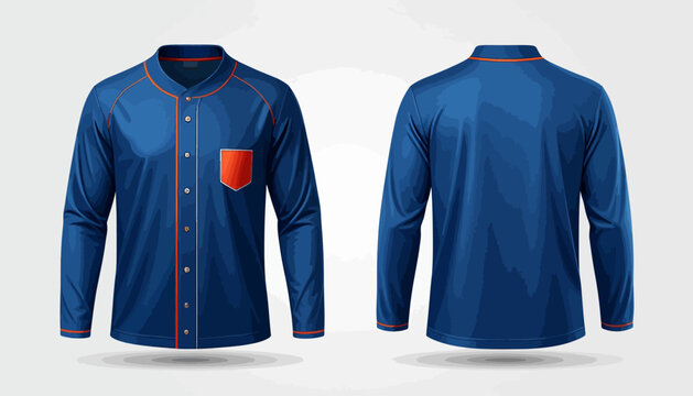 Blue long sleeved uniform shirt with orange trim and pocket detail