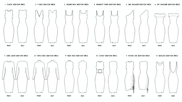 Fashion technical drawing of 12 bodycon dress styles, female apparel flat sketches with front and back views, clothing design templates for manufacturing