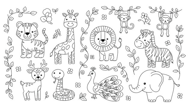 Jungle Animal Coloring Page Vector Illustration Featuring Tiger, Lion, Elephant, Giraffe, Zebra, Peacock, Snake, Deer, Monkeys, Flowers, and Leafy Vines in Cartoon Style