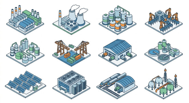 Isometric Industrial and Urban Lego Style Buildings