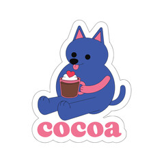 Blue cat with cocoa and text on a sticker design. © MD HANIFA BHUYAN