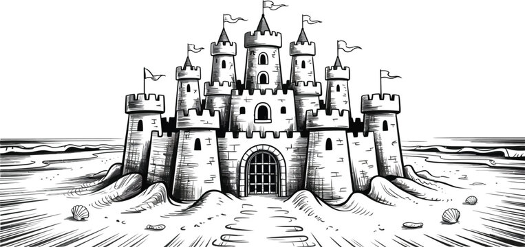 Sandcastle, beach castle, vector illustration, black and white, coloring book, kids activity, isolated on white