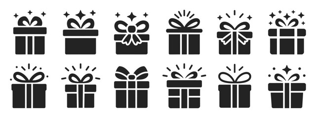 Obraz premium Holiday gift shine icon set collection, Christmas present silhouettes with sparkle effects, vector illustration on transparent background.
