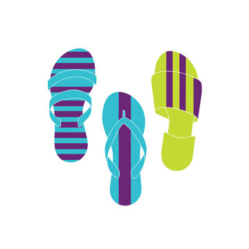 Group of three patterned flip flop shoes.