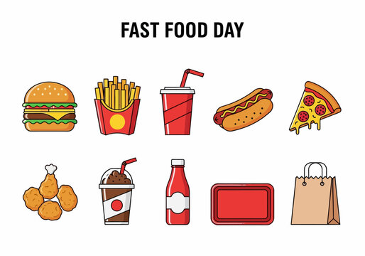 A collection of colorful fast food icons including burgers, fries, drinks, hot dogs, chicken nuggets, and pizza for your design needs