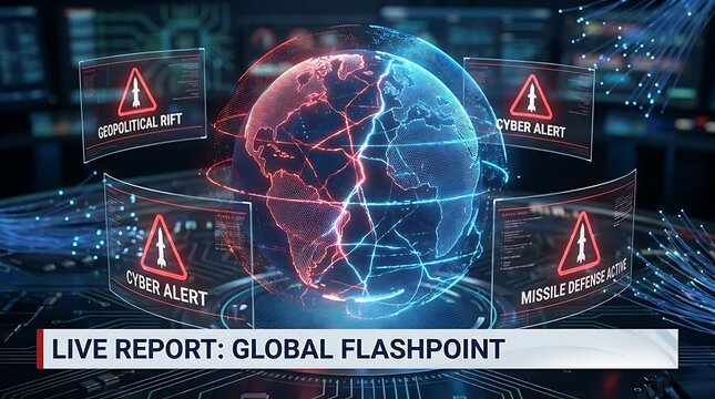Digital globe visualization with holographic warning screens displaying geopolitical and cyber security alerts in a high tech control room environment