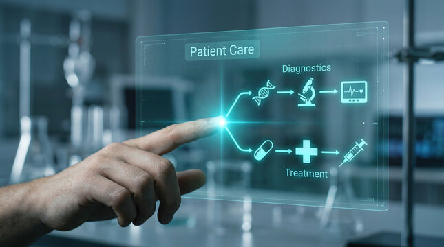 Close-up of a human hand pointing at a futuristic glowing teal digital healthcare interface showing diagnostics and treatment paths in a blurred laboratory setting