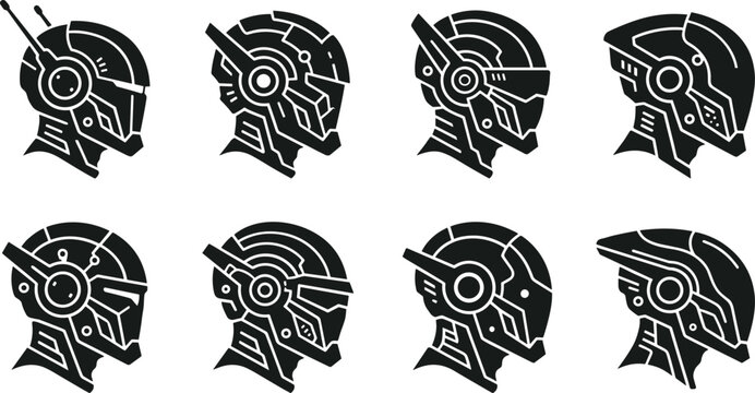 Futuristic Cyber Helmet Silhouette Collection Featuring Sci Fi Robot and Digital Armor Designs