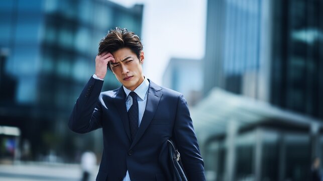 屋外で眉間に皺を寄せて頭を抱えているストレスで悩む日本人男性会社員・ビジネスマンのポートレート