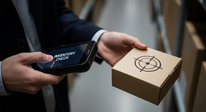 Inventory check using digital scanner in warehouse, logistics worker scanning cardboard box package, supply chain management technology