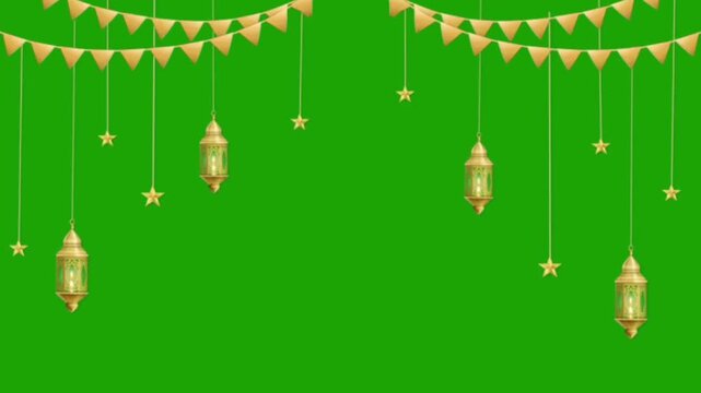 Ramadan Kareem decoration with golden lanterns, stars, and bunting flags hanging on a green screen background, chroma key loop animation.
