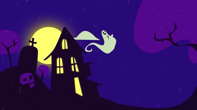 Halloween haunted house animation with flying ghost and full moon. Spooky graveyard background featuring cartoon cemetery, skull, and creepy trees in a seamless loop.
