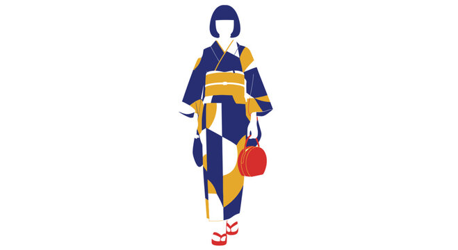 Japanese Woman in Modern Geometric Pattern Kimono with Red Bag and Sandals