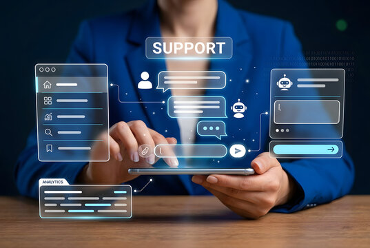 Businesswoman using tablet with holographic AI chatbot support for customer service, live chat and help desk automation concept